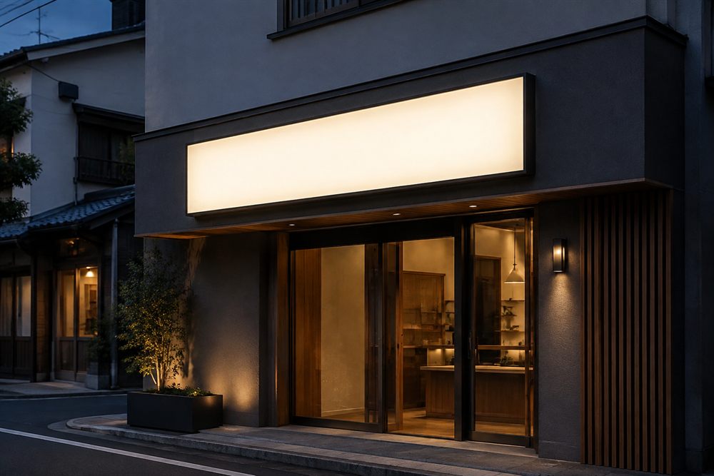 暮れかけた通りに面した店の正面。入口の上に横長の電飾看板が灯り、軒下と店内の明かりとつながって見える