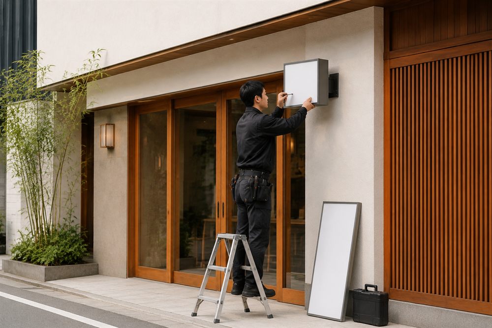 店舗の壁に付いた箱型看板を、脚立に乗った作業員が外している。横には先に外した面板が立てかけられ、足元に工具箱