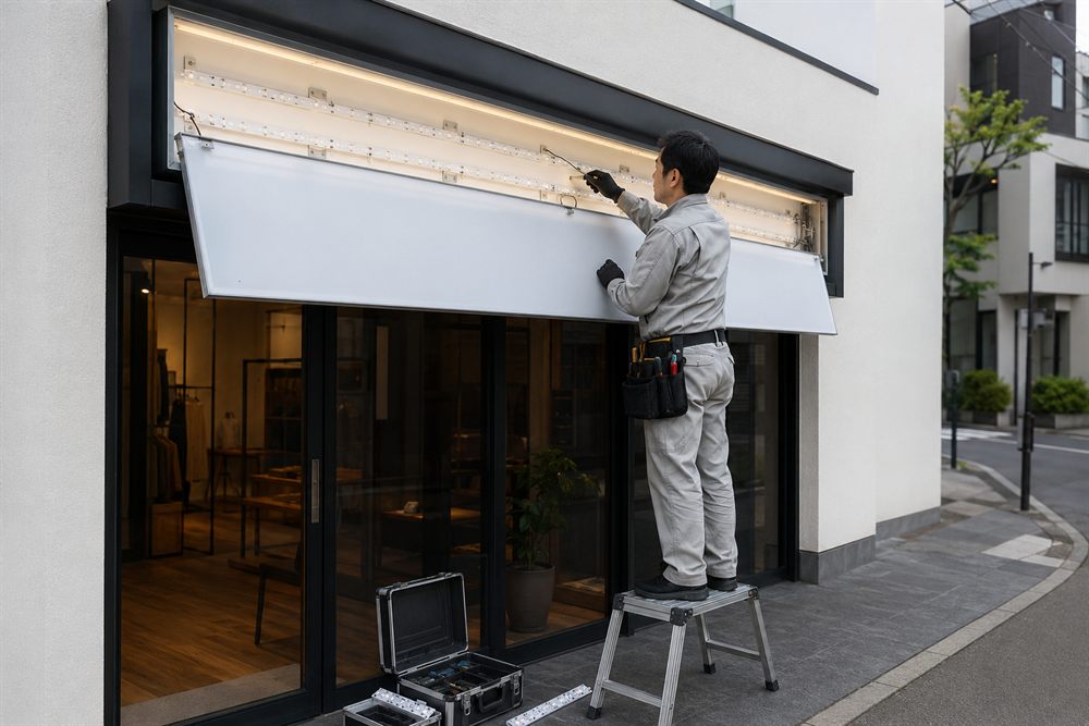 店先の電飾看板の面板を開け、脚立に乗った作業員が中のLEDを交換している。足元には工具箱と予備のLEDバー